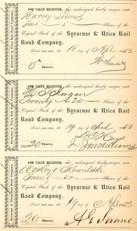 Syracuse and Utica Rail Road Co. signed by Addison G. Jerome -  Three Stock Transfer Receipt Sheet